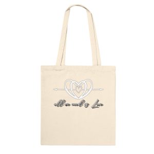 Natural cotton tote bag with the All We Need is Love heart and script design