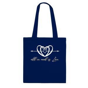 511cdd0b-3cb9-44e7-9a95-b411c57036fb.jpg Navy tote bag with the All We Need is Love heart and script design