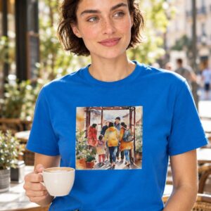 AI-generated model Lena wearing the royal blue A Warm Smile is the Universal Language of Kindness crewneck t-shirt on a sunny cafe terrace