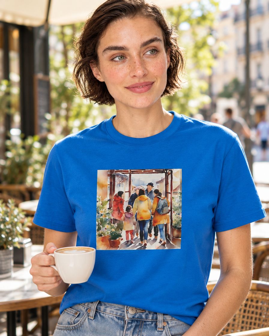 AI-generated model Lena wearing the royal blue A Warm Smile is the Universal Language of Kindness crewneck t-shirt on a sunny cafe terrace