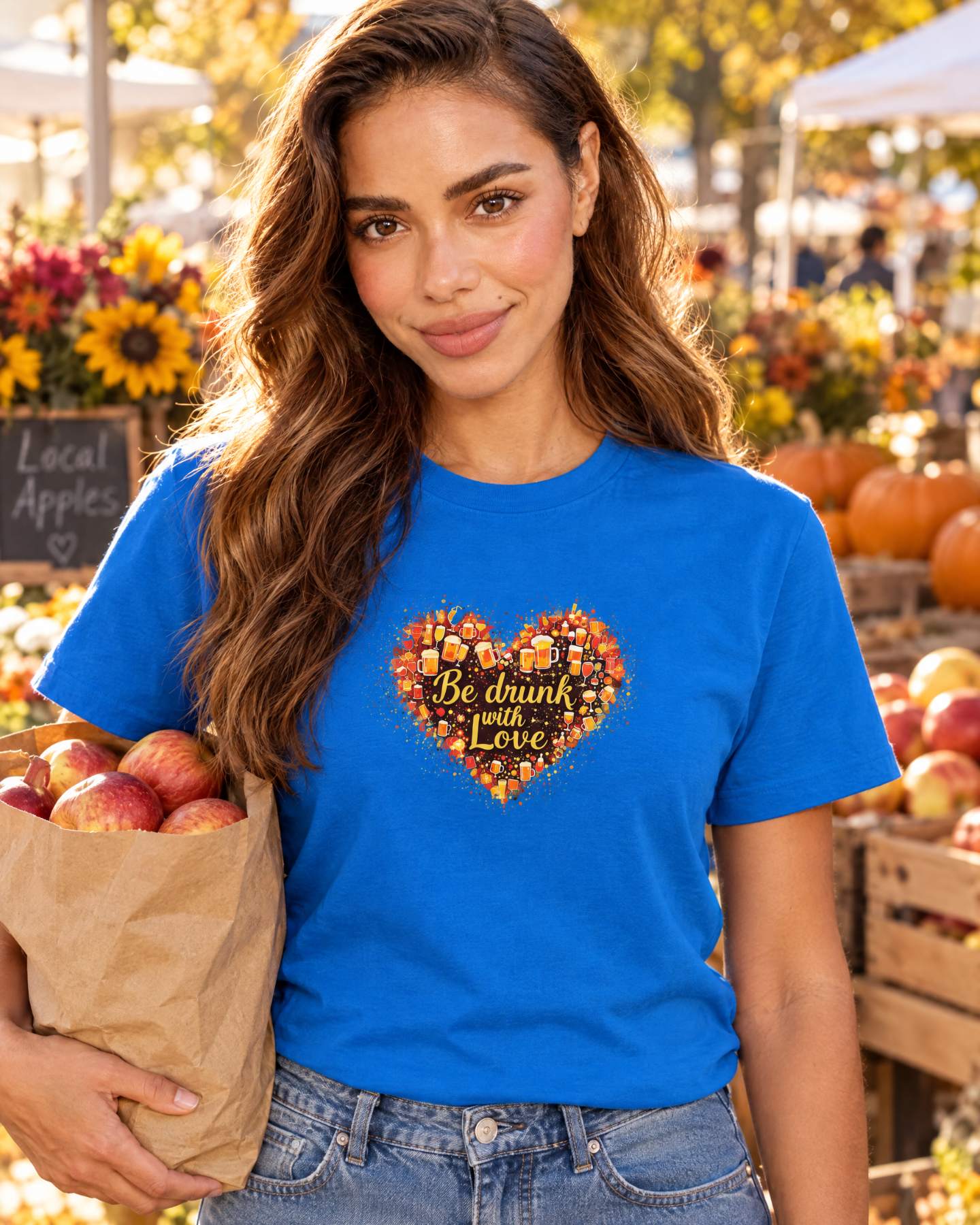 AI-generated model Maya wearing the Royal blue Be Drunk with Love unisex crewneck t-shirt at an autumn farmers market