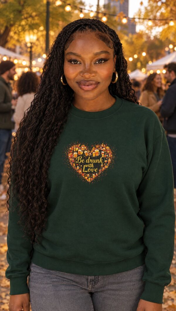 AI-generated model Nia wearing the Forest Green Be Drunk with Love crewneck sweatshirt at an autumn street festival
