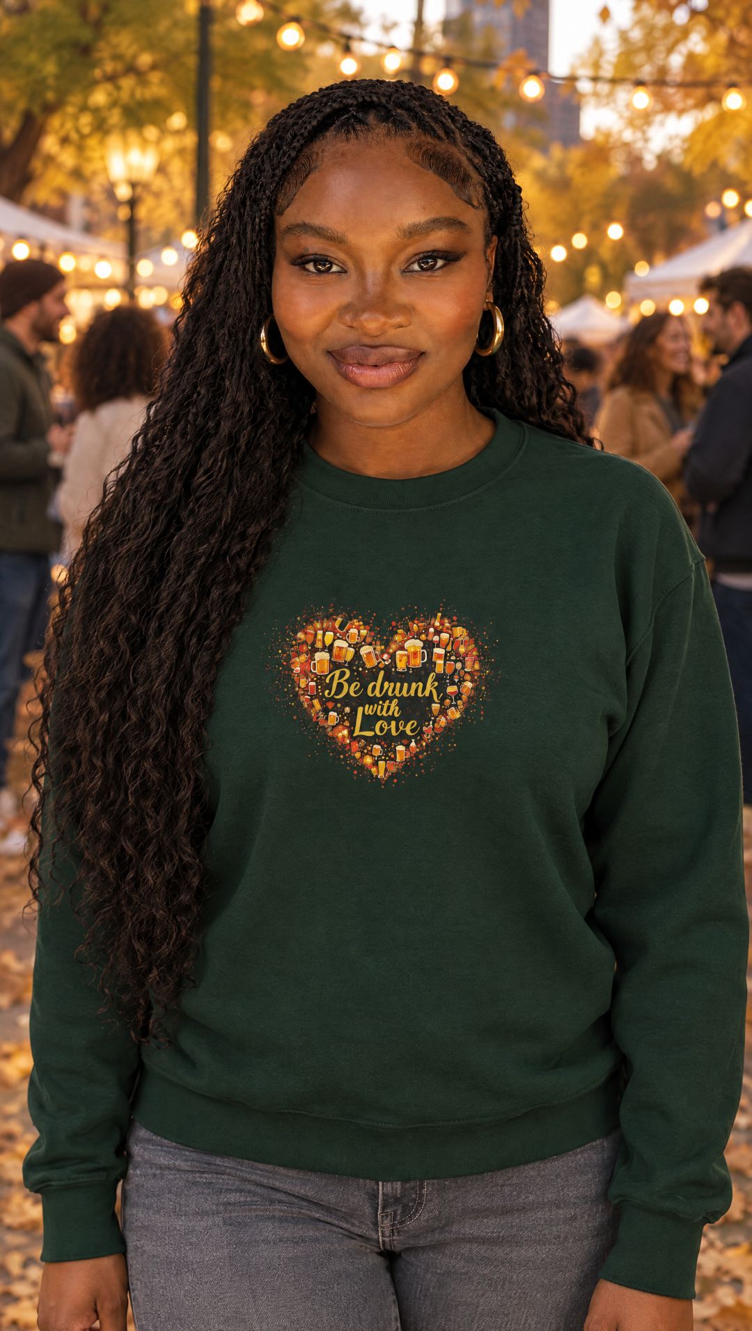 AI-generated model Nia wearing the Forest Green Be Drunk with Love crewneck sweatshirt at an autumn street festival
