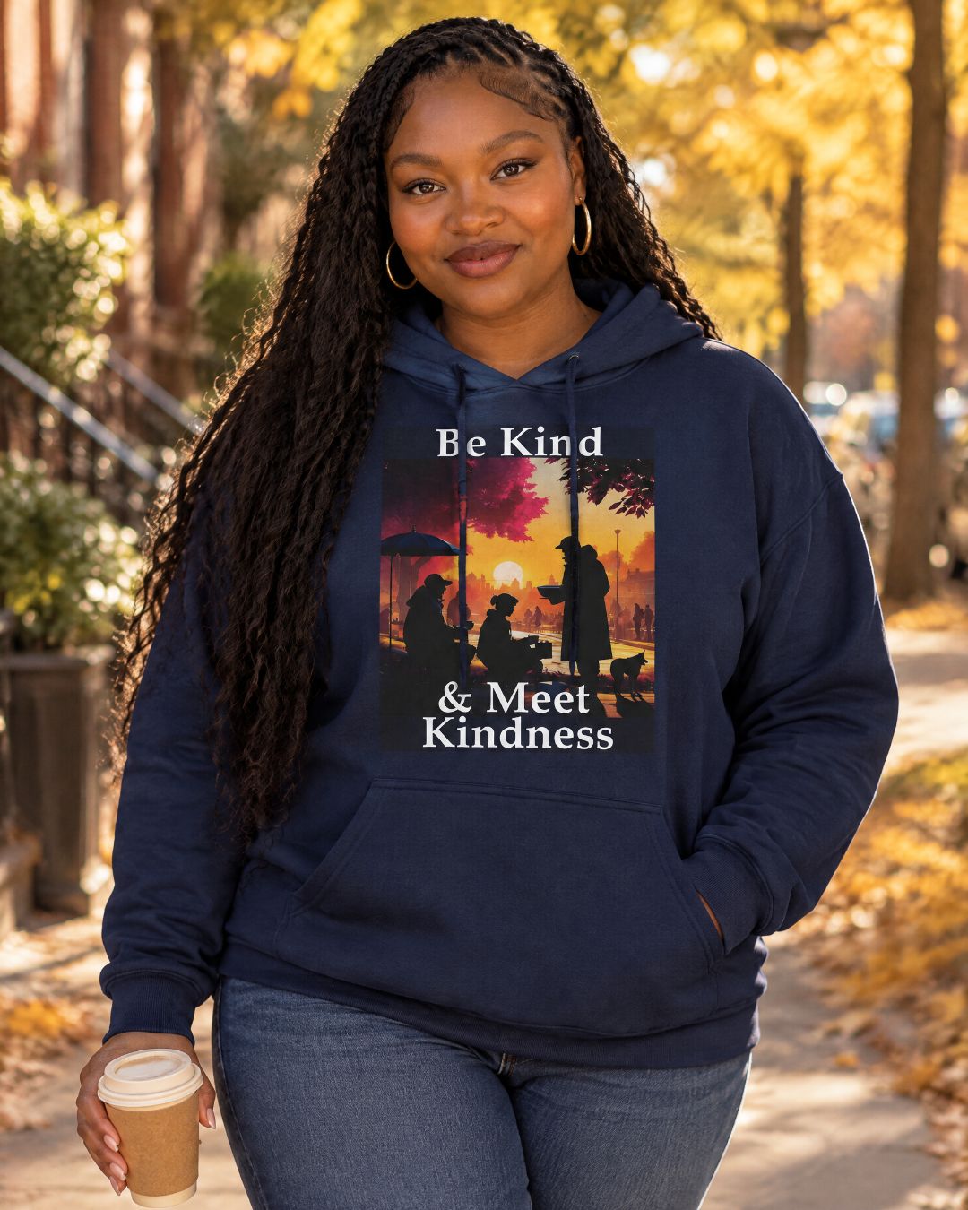AI-generated model Nia wearing the navy Be Kind, and Meet Kindness unisex hoodie on an autumn city street