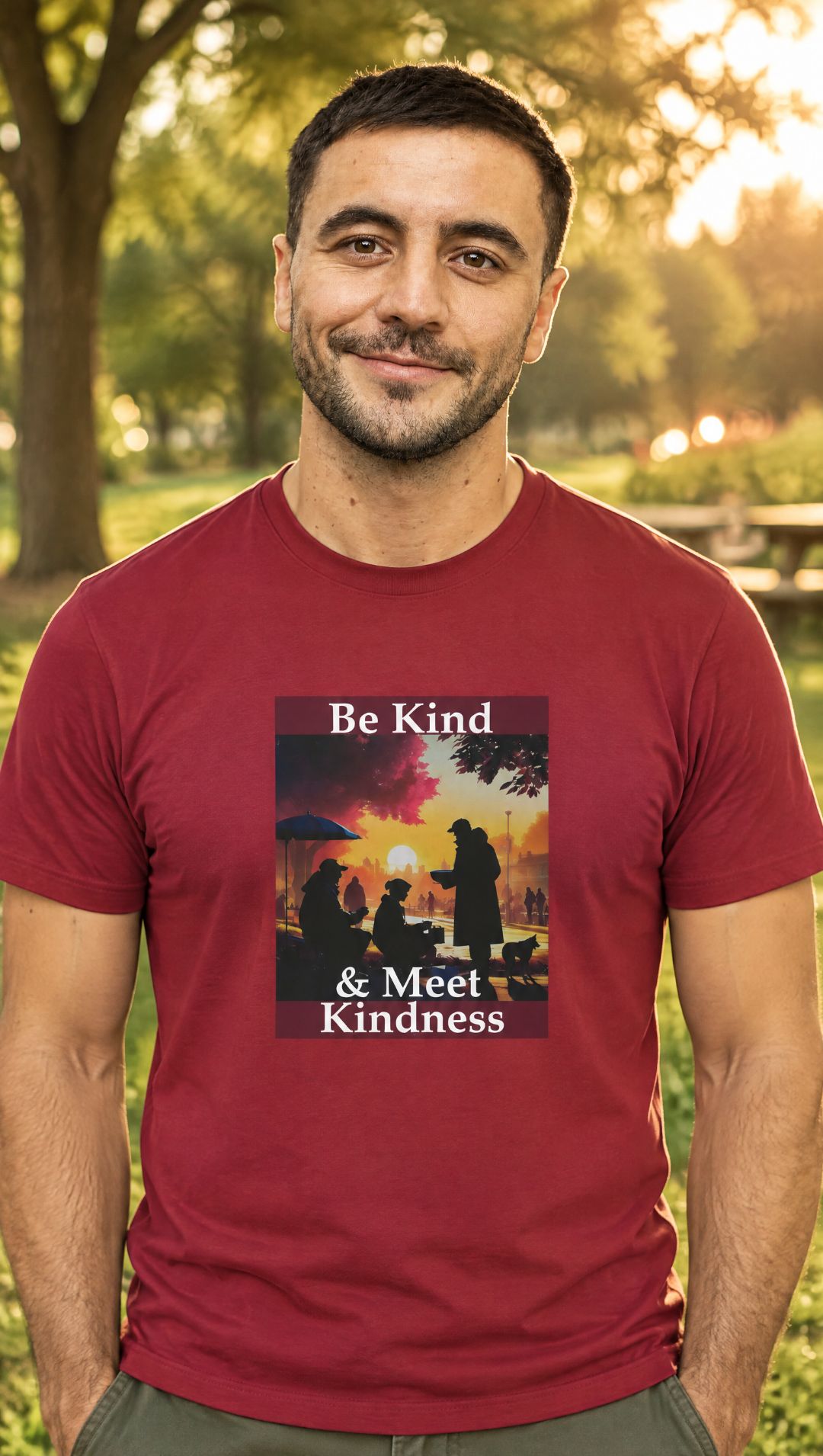 AI-generated model Tom wearing the cardinal red Be Kind, and Meet Kindness men's fitted t-shirt in a park at golden hour