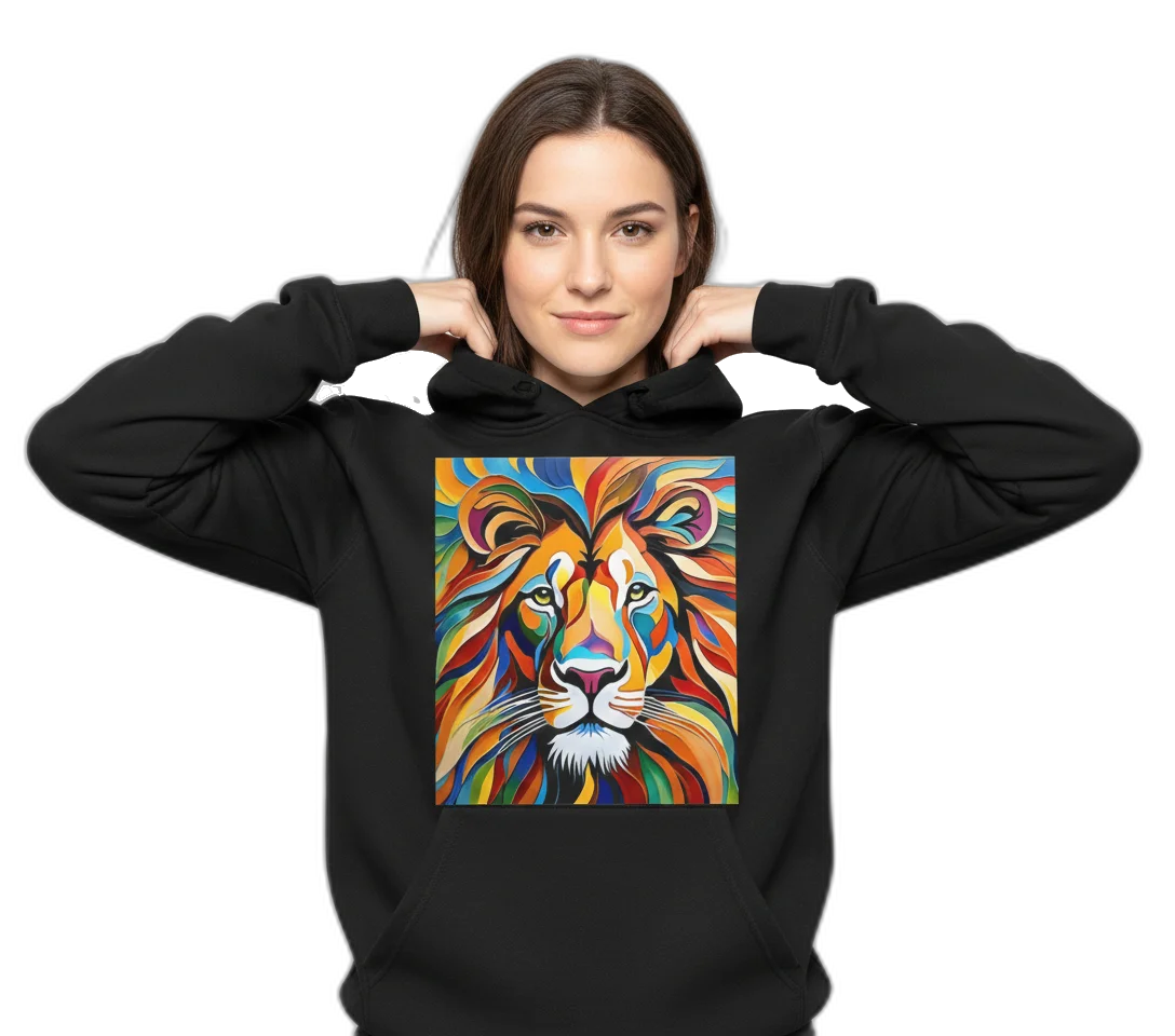 Woman wearing a black hoodie with the colourful Live in Truth lion design